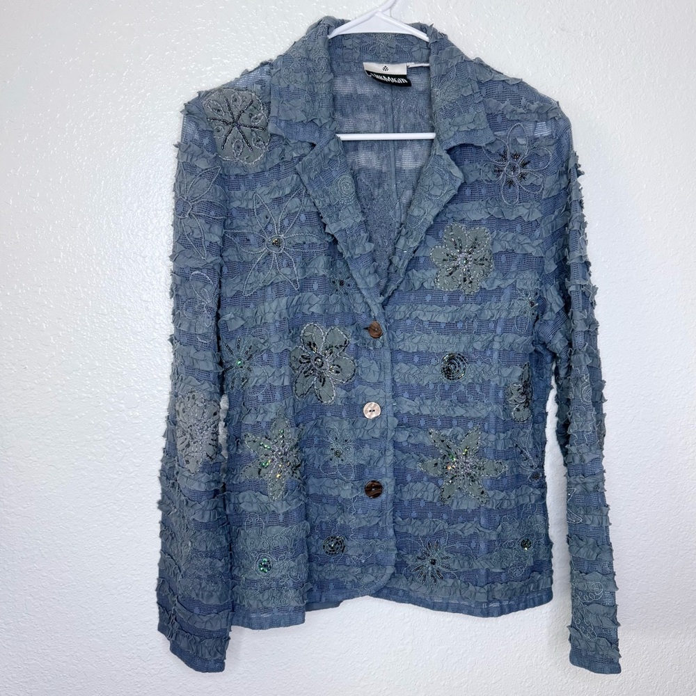 Yak Magik Ruffle Embellished Floral Art To Wear Sheer Button Front Blazer Medium
